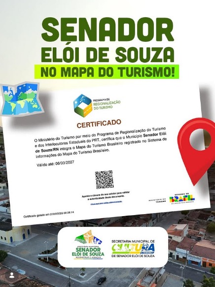 Senador Elói de Souza conquista certificação inédita no Mapa do Turismo Brasileiro.